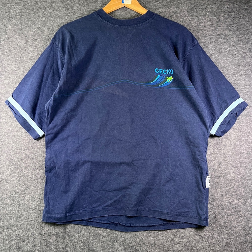 Y2K 2000s Gecko Hawaii Mens Navy Blue Graphic Ringer T-Shirt Short‎ Sleeve